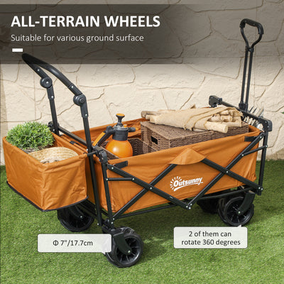 Outsunny Folding Trolley Cart Storage Wagon Beach Trailer 4 Wheels with Handle Overhead Canopy Cart Push Pull For Shopping Camping, Orange 