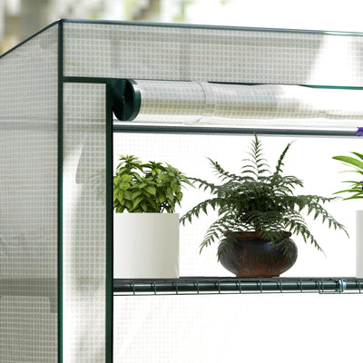 Outsunny 4 Tier Lean-to Mini Greenhouse with Reinforced PE Cover, Portable Small Greenhouse with Roll-Up Door, Green Hemmed Edging, 110 x 50 x 171cm, Green 