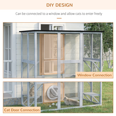 PawHut Wooden Catio Cat Outdoor Enclosure, Cat Cage with Waterproof Roof, Platforms, for Multiple Kittens, 180 x 98 x 180 cm 