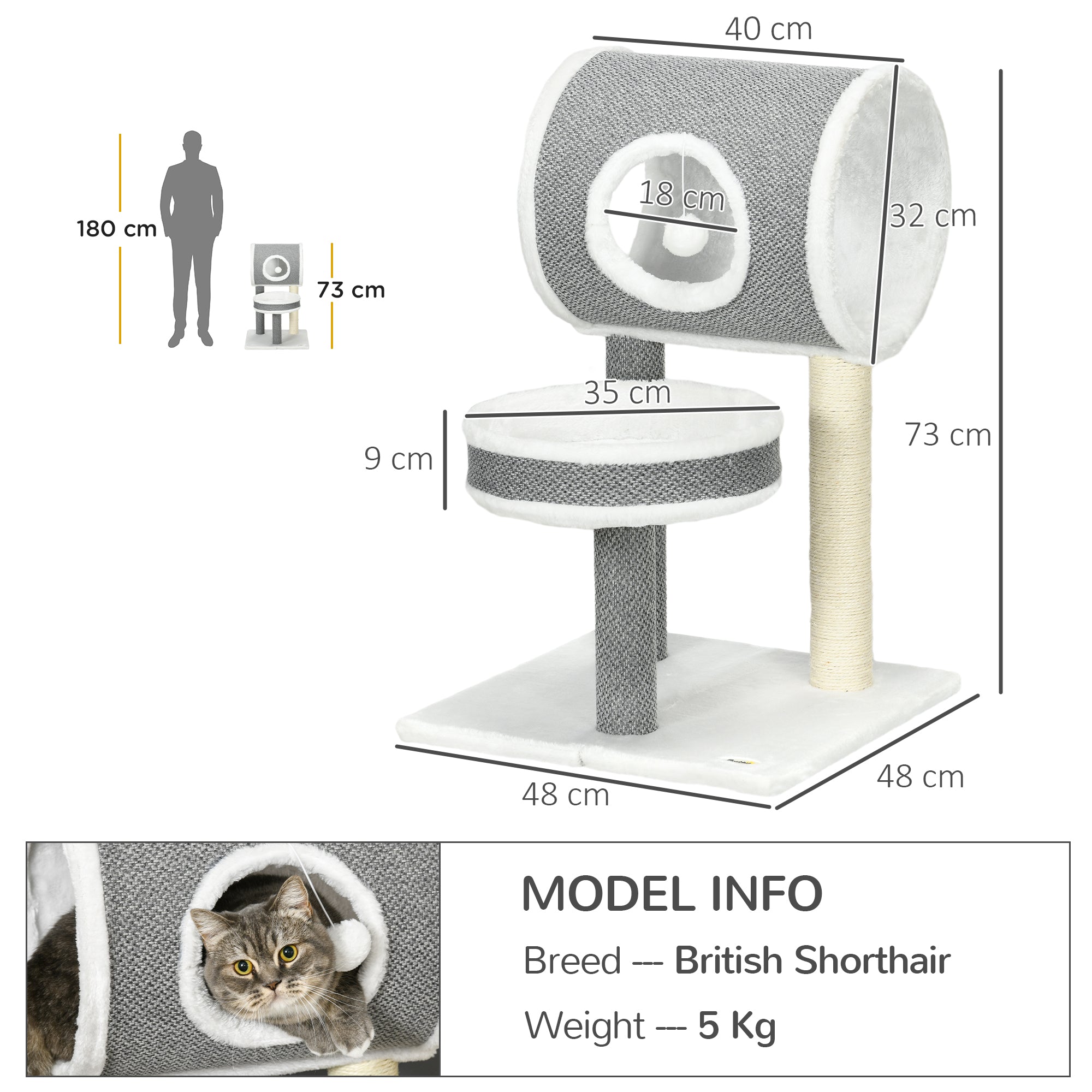 PawHut Cat Tree for Indoor Cats, with Scratching Post, Bed, Tunnel, Toy Ball, 48 x 48 x 73cm - White 