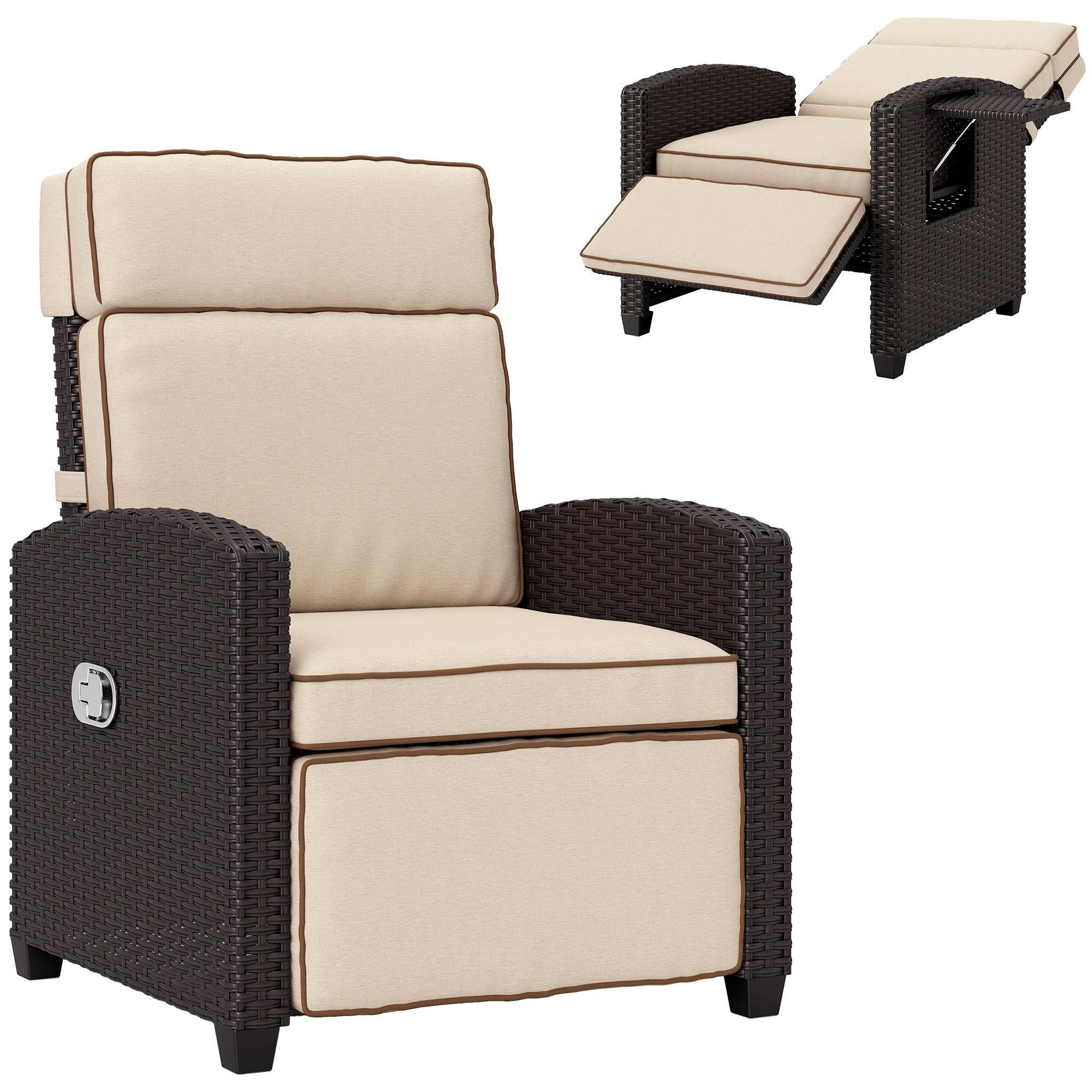 Outsunny Rattan Garden Recliner Chair, Adjustable Backrest Reclining Rattan Chair with Flip Table, Cushion and Footrest, Indoor Outdoor Lounge Reclining Sun Lounger for Patio, Dark Brown/Khaki 