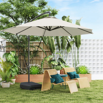 Outsunny 3(m) Garden Cantilever Parasol with Fillable Base, Wind Protection Strap, Cover, Round Banana Hanging Umbrella with Crank Handle and Tilt, Patio Umbrella for Outdoor Sun Shade, UPF50+, Cream 