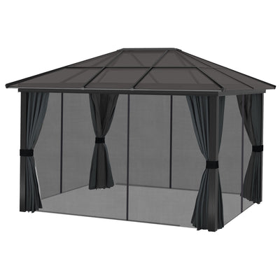 Outsunny 3 x 3.6m Hardtop Gazebo Canopy with Polycarbonate Roof, Aluminium Frame, Permanent Pavilion Garden Gazebo with Netting and Curtains for Patio, Deck, Dark Grey 