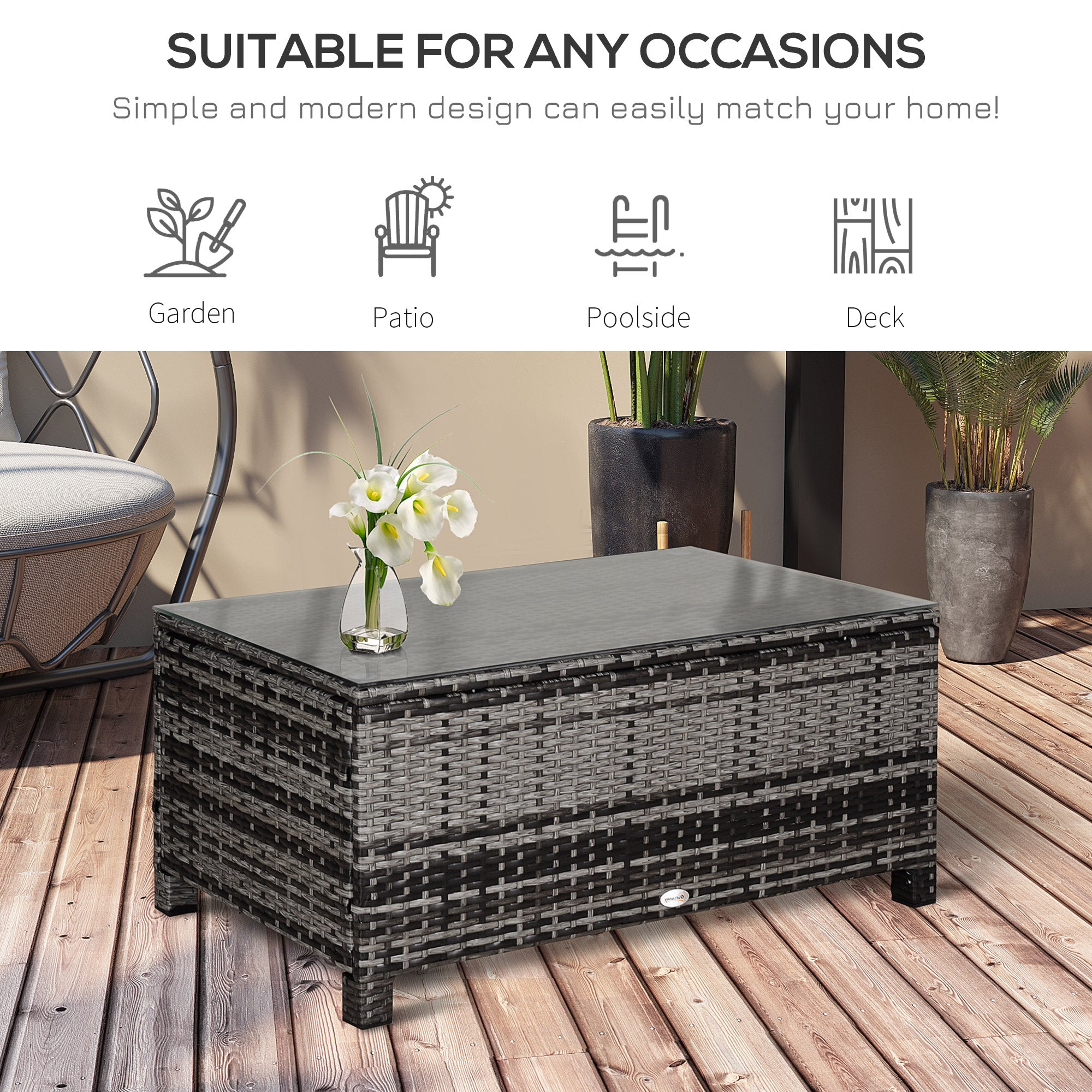 Outsunny PE Rattan Garden Coffee Table, with Glass Table Top - Grey 