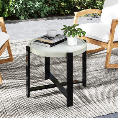 Outsunny Round Small Garden Table, 60cm Outdoor Side Table with Faux Marble Tempered Glass Top, Aluminium Frame for Garden, Patio, Balcony, Light Grey 