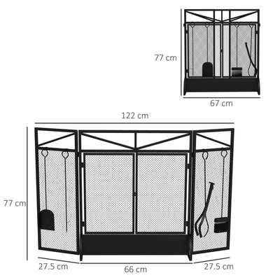 HOMCOM 3 Panel Folding Fire Guard Screen with Fireplace Tool Sets and Front Doors, Freestanding Fire Screen Spark Guard with Feet for Open Fire, Log Burner, Fireplace, 122 x77 cm, Black 