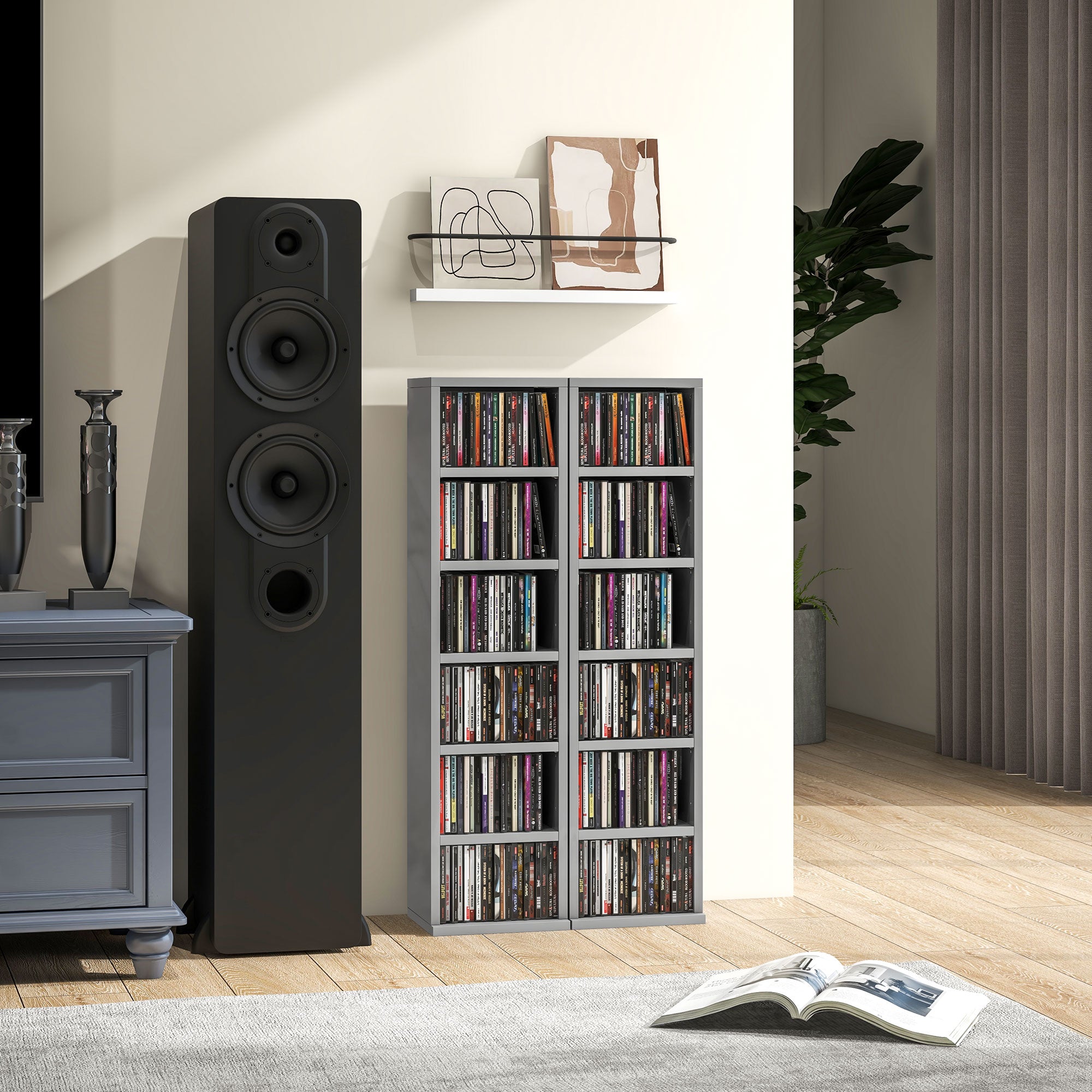 HOMCOM Set of 2 CD Media Display Shelf Unit Tower Rack with Adjustable Shelves, High Gloss Grey 