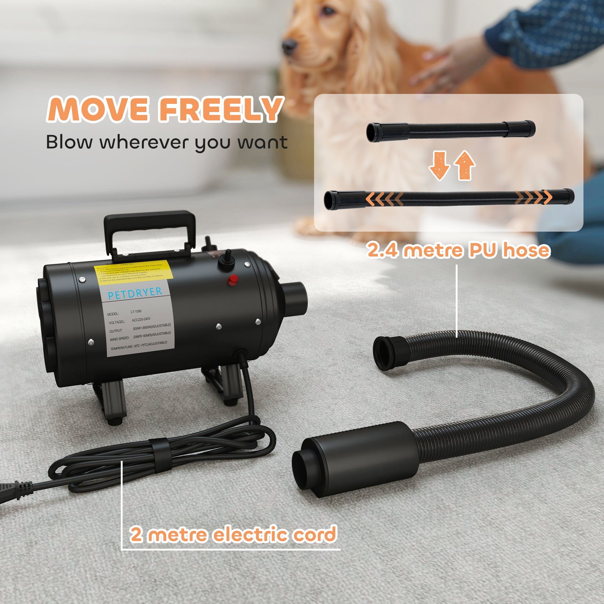 PawHut 2200W Dog Hair Dryer with Adjustable Temperature & Velocity, 3 Different Nozzles, Black 