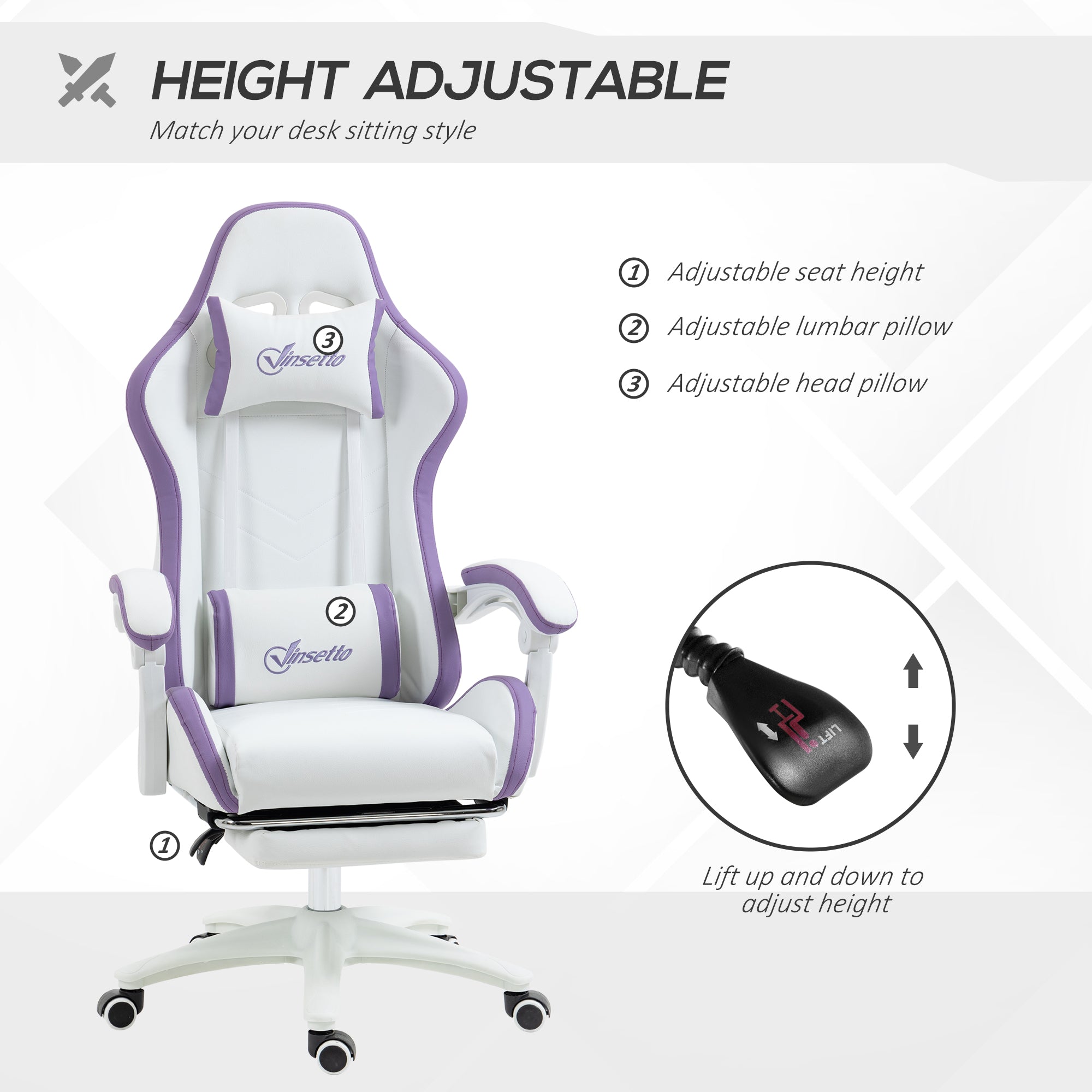 Vinsetto Computer Gaming Chair, PU Leather Desk Chair with Footrest, Swivel Task Chair with 135\'c2\'b0 Reclining Back and Lumbar Support, PC Chair for Adults, White and Purple