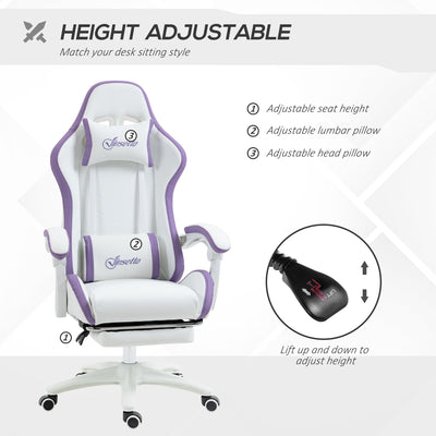 Vinsetto Computer Gaming Chair, PU Leather Desk Chair with Footrest, Swivel Task Chair with 135\'c2\'b0 Reclining Back and Lumbar Support, PC Chair for Adults, White and Purple 