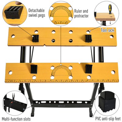 DURHAND 4-in-1 Work Bench, Saw Horse Folding Clamp Table w/ 4 Adjustable Clamping Pegs for DIY Home Garage, Black 