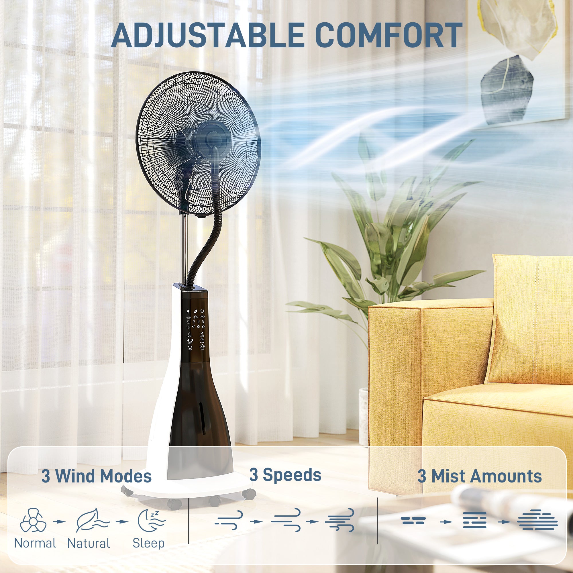 HOMCOM Pedestal Fan with Water Mist Spray, Spray Misting Fan with 75° Oscillation, Tilt Head, 3 Speeds, 3 Modes, 3 Mist, 3L Water Tank, Wheels, for Home, 125 cm