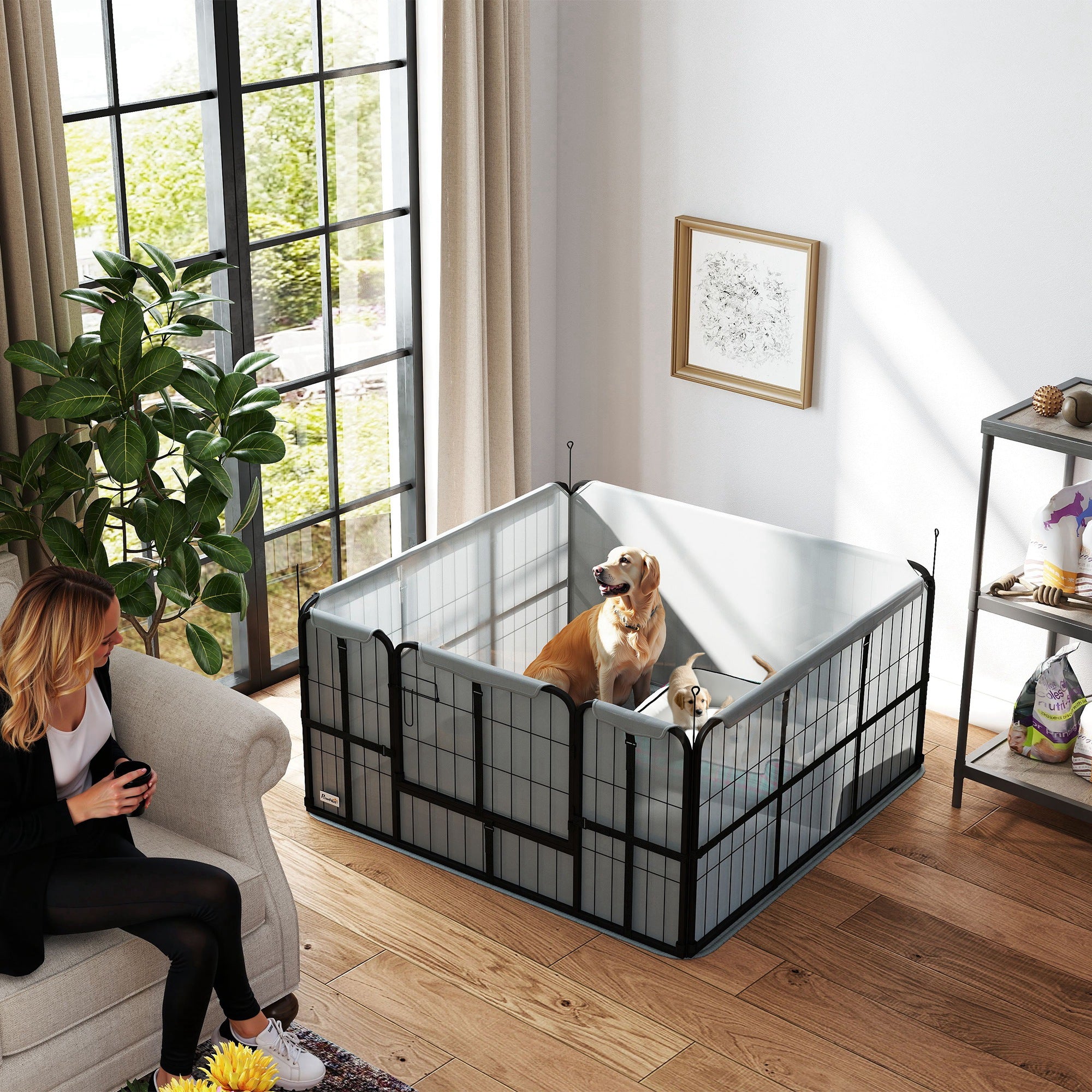 PawHut Steel Dog Whelping Box with Washable Whelping Pad, Wind-Resistant Cloth, for Small, Medium Dogs, 122 x 122 x 60cm 
