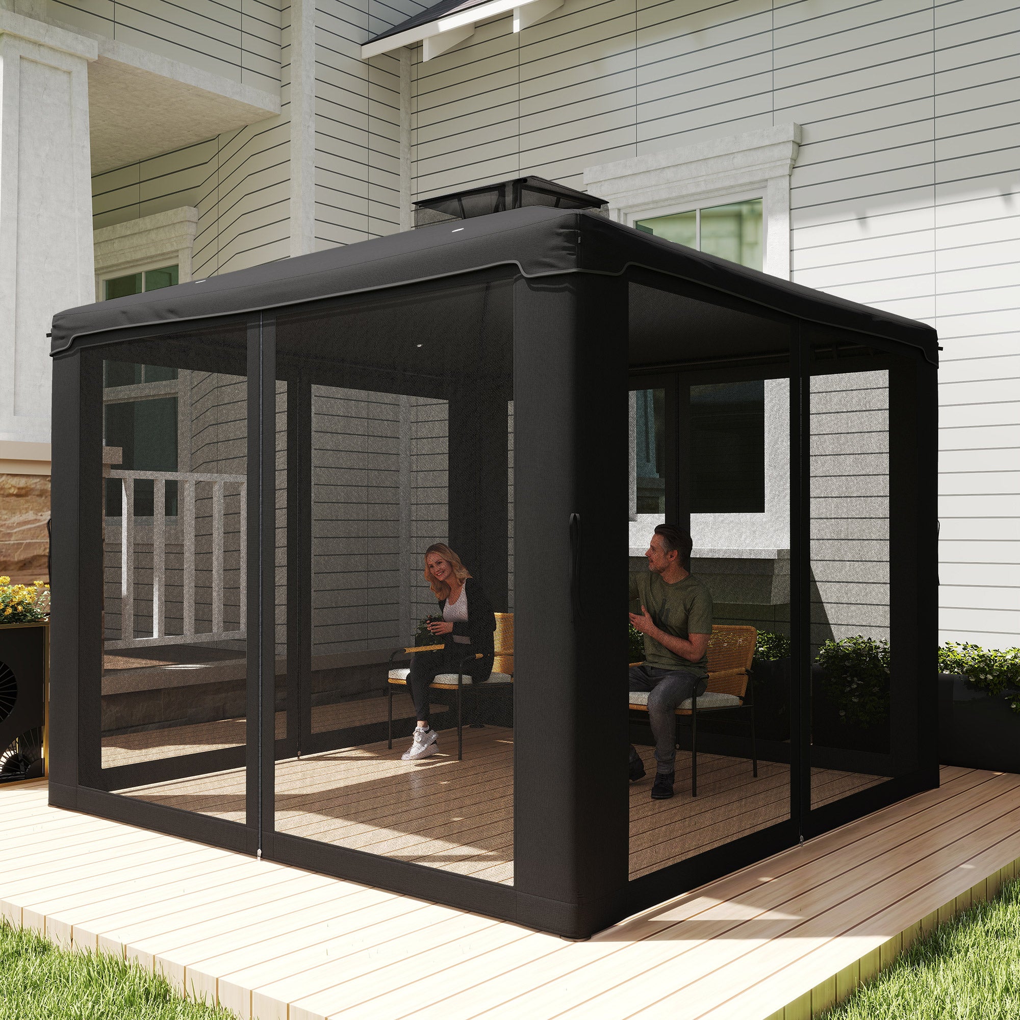 Outsunny 3 x 3 m Metal Gazebo, Garden Pavillion, Double Roof Outdoor Canopy Shelter with Mesh Sidewalls, Black 