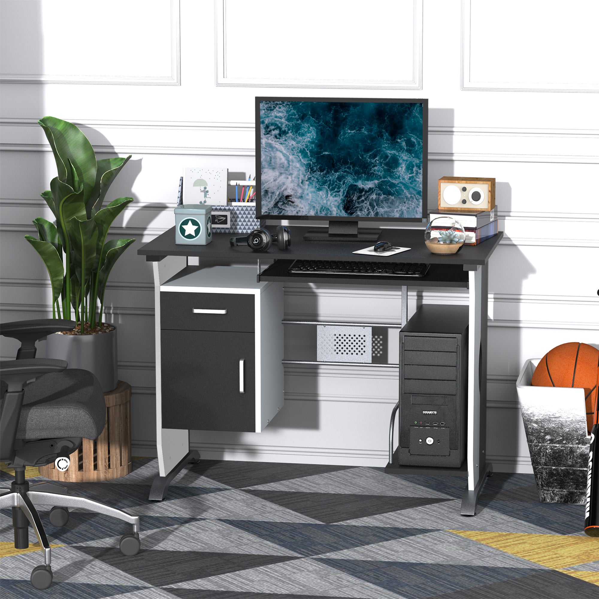 HOMCOM Computer Desk with Sliding Keyboard Tray, Storage Drawers and Host Box Shelf, Home Office Desk, Study Workstation, 100 x 52 x 75cm, Black 