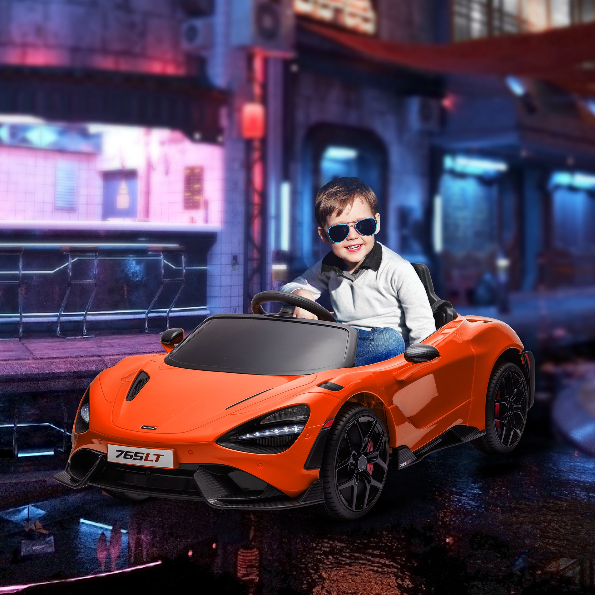 AIYAPLAY McLaren 765LT Licensed 12V Kids Electric Ride on Car with Butterfly Doors, Remote Control, Transport Wheels, Orange 