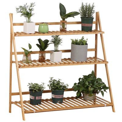 Outsunny 3-Tier Plant Stand, Plant Shelf Rack, Folding Bamboo Display Stand, 98x37x96.5cm, Natural 