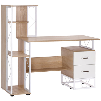 HOMCOM Computer Desk with Drawers and Bookshelf, Writing Desk for Home Office with Storage Shelves, Study Workstation, Oak 
