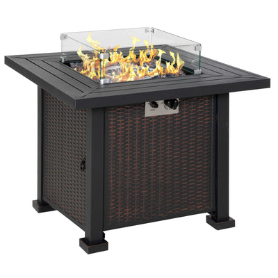 Outsunny Square Propane Gas Fire Pit Table, 50000 BTU Rattan Smokeless Firepit Patio Heater with Glass Screen, Glass Beads and Lid, 81cm x 81cm x 64cm, Black 