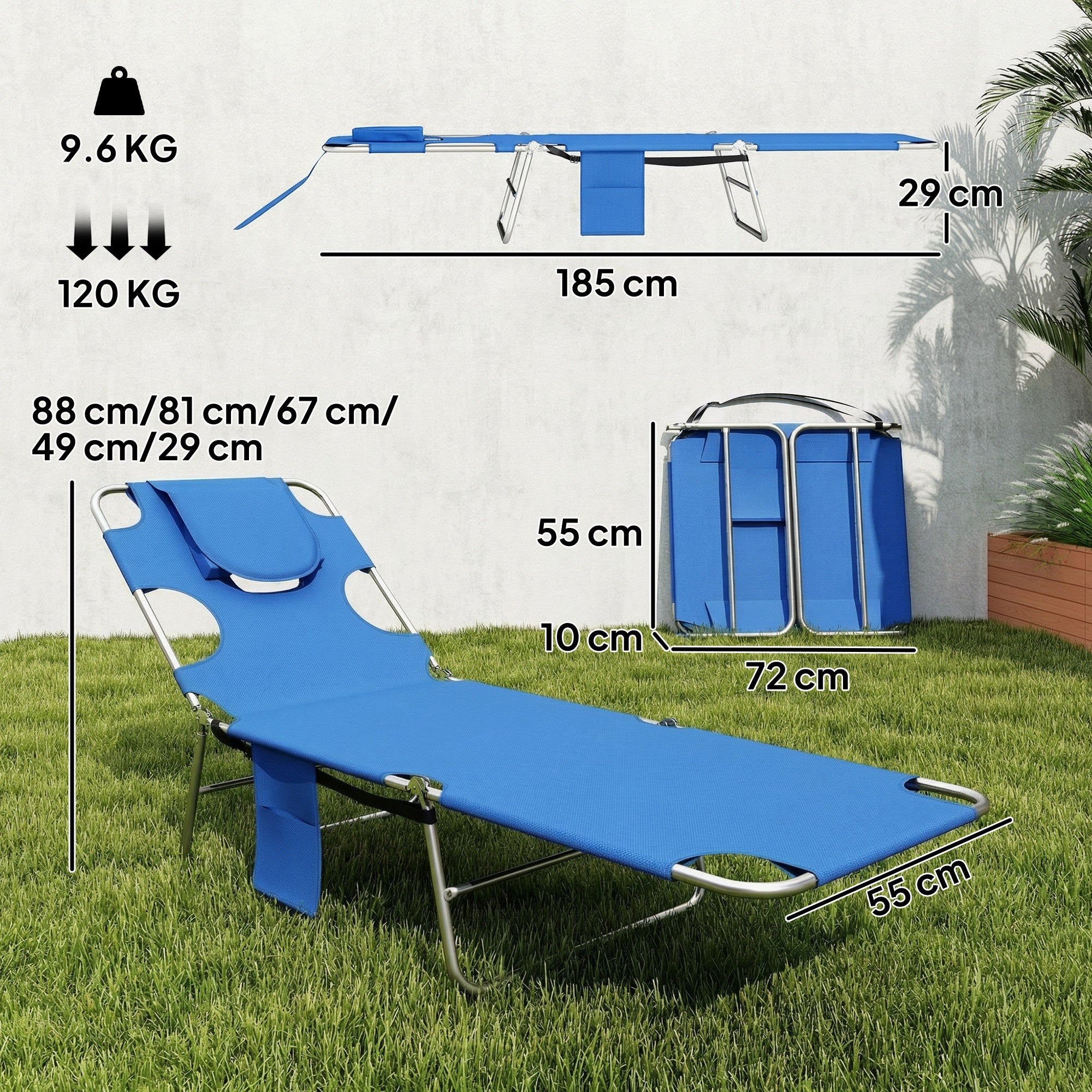 Outsunny 5-Position Adjustable Sun Loungers Set of 2 with Reading Hole and Side Pocket, Blue 
