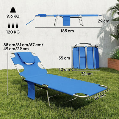 Outsunny 5-Position Adjustable Sun Loungers Set of 2 with Reading Hole and Side Pocket, Blue 