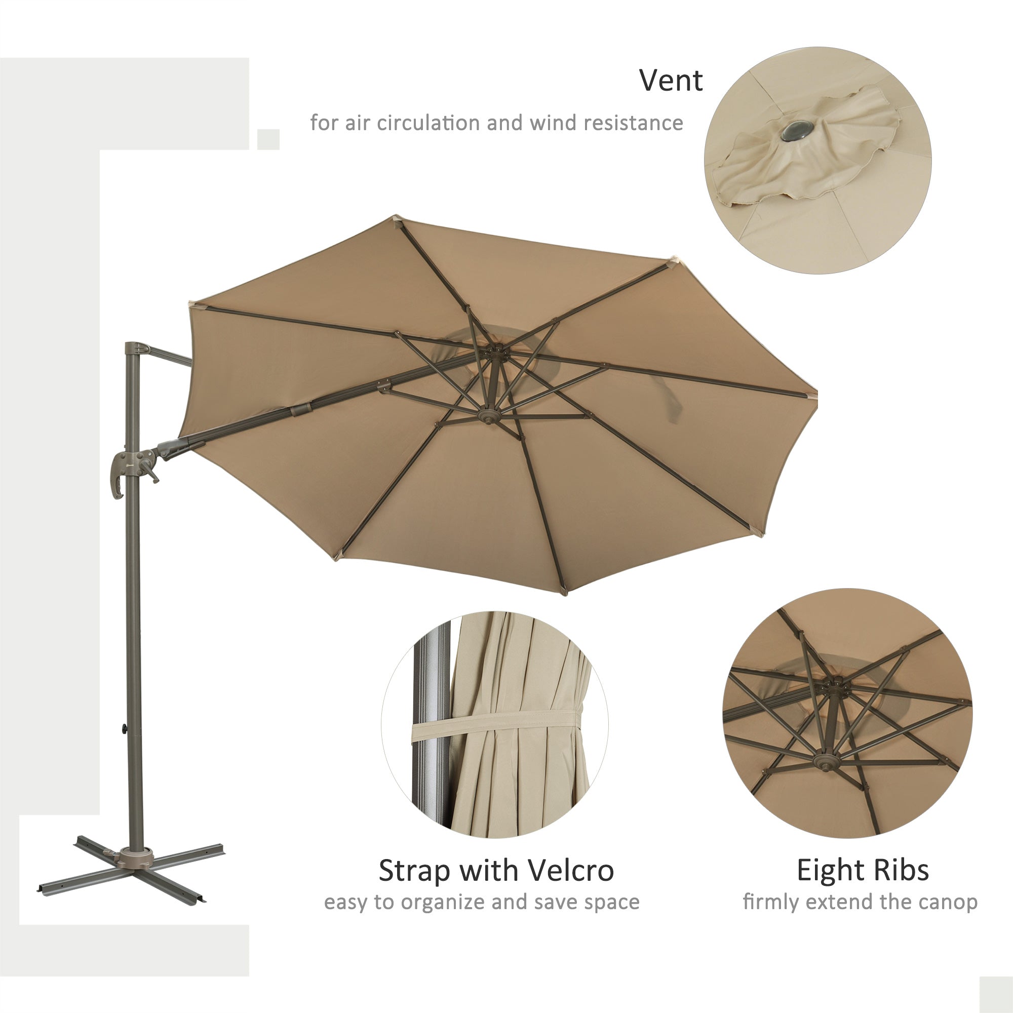 Outsunny 3m Beach Hanging Umbrella Parasol - Khaki 