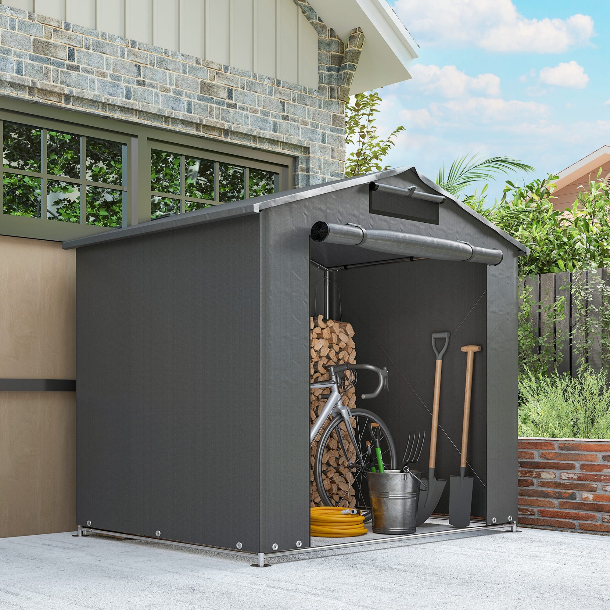 Outsunny 6 x 4 ft Outdoor Garden Storage Shed, Waterproof Bike Tent with Vent and Roll-Up Zipper Door 