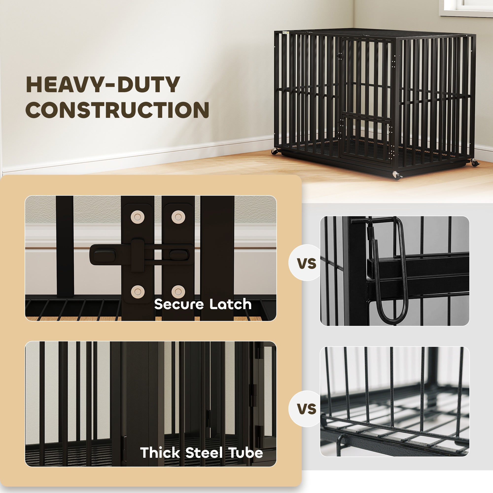 PawHut Heavy Duty Dog Crate, Dog Cage with Wheels for Medium Large Breeds, Metal Pet Kennel with Removable Tray 
