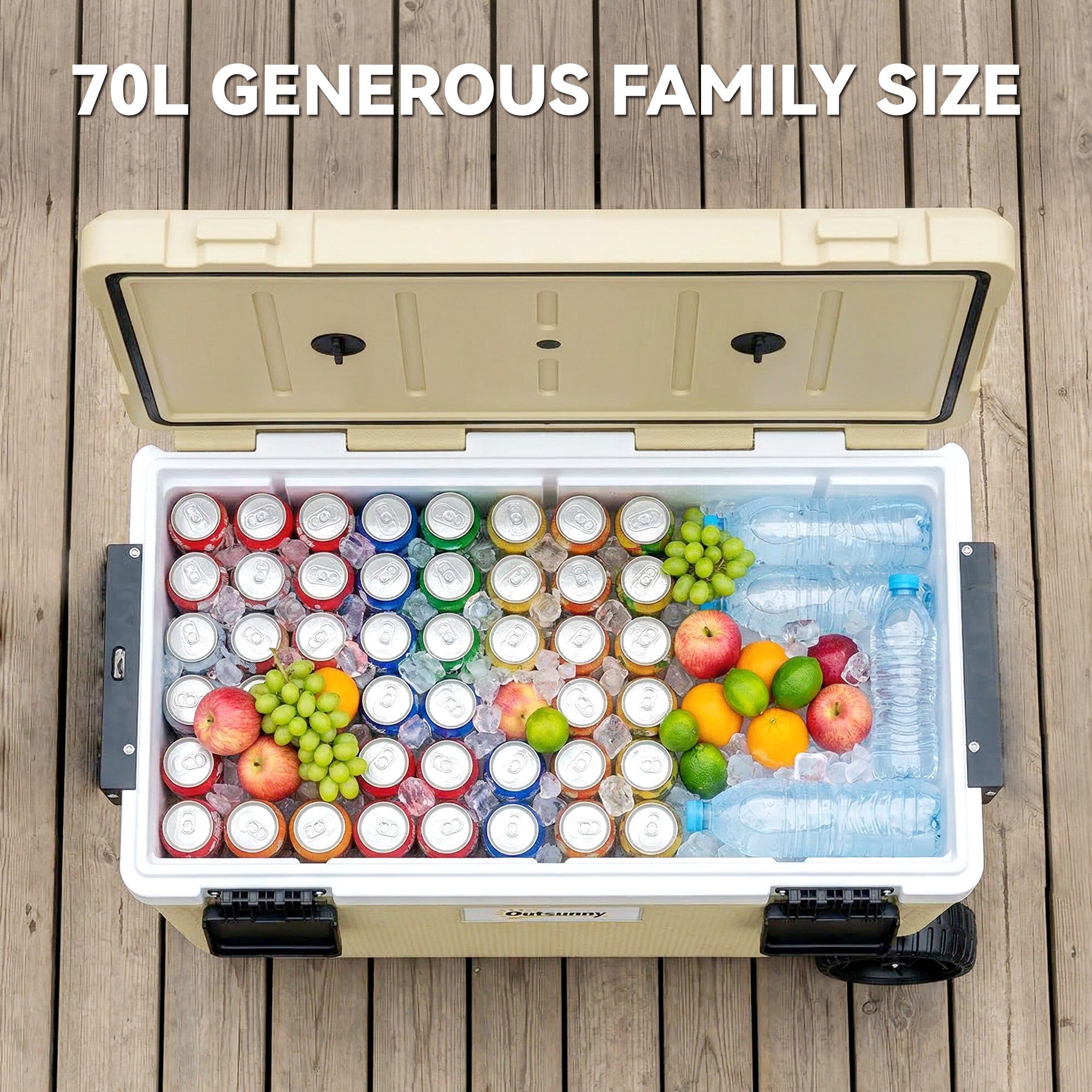 Outsunny 70L Insulated Cool Box with Wheels, Portable Ice Cooler with Handle, Lid and Drain Valve, Khaki 