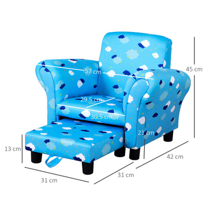 HOMCOM Toddler Chair Children's Armchairs Wood Frame w/ Footrest Anti-Slip Legs High Back Arms for Bedroom Playroom Cute Cloud Star Blue 