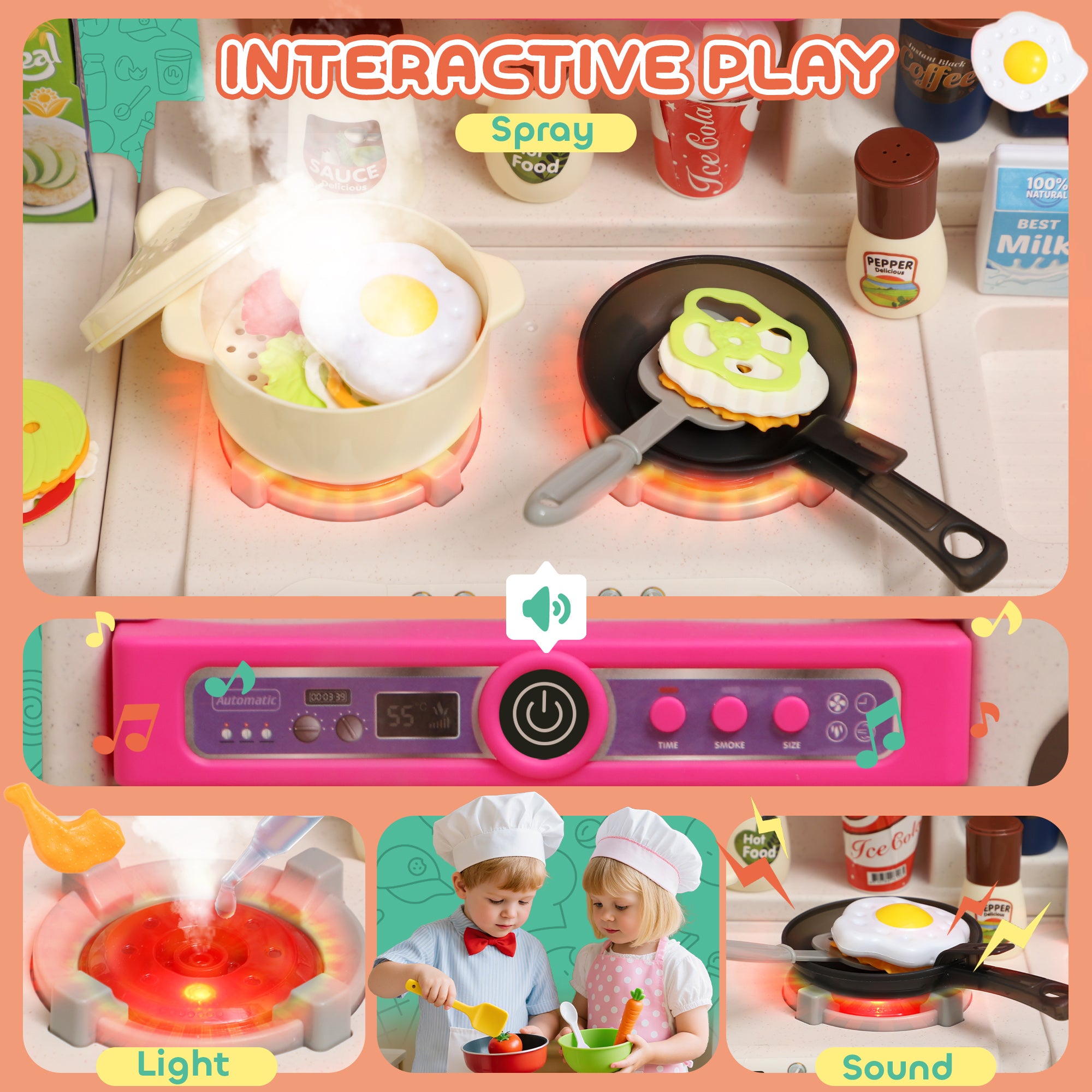 AIYAPLAY Pretend Play Kitchen Set with Realistic Lights & Sounds, 104PCS Toy Kitchen Accessories for Boys and Girls, Pink