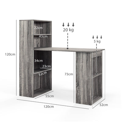 HOMCOM 120cm Modern Computer Desk Bookshelf Study Table Workstation PC Laptop Writing Home Office 6 Shelves, Grey Wood-Effect 