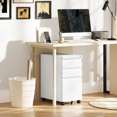 Vinsetto 3-Drawer Steel Filing Cabinet with Lock and Wheels - White 
