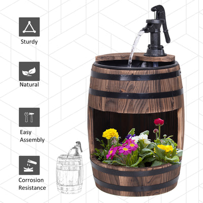 Outsunny Wood Barrel Patio Water Fountain Electric Pump Garden Decorative Ornament with Flower Planter Decor 