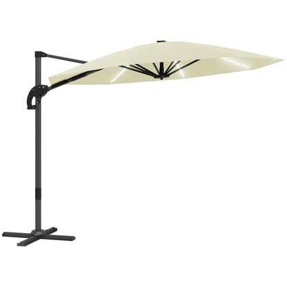Outsunny 3(m) Cantilever Garden Parasol with Solar Powered Lights, Crank Handle & Cross Base, UPF 50+, 360° Rotation, Cream 