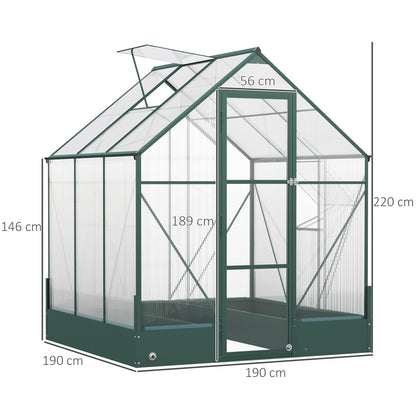 Outsunny 6x6 FT Polycarbonate Greenhouse with Base and Raised Bed, Walk-in Greenhouse with Aluminium Frame, Temperature Controlled Window, Foundation for Plants, Flowers, Vegetable 