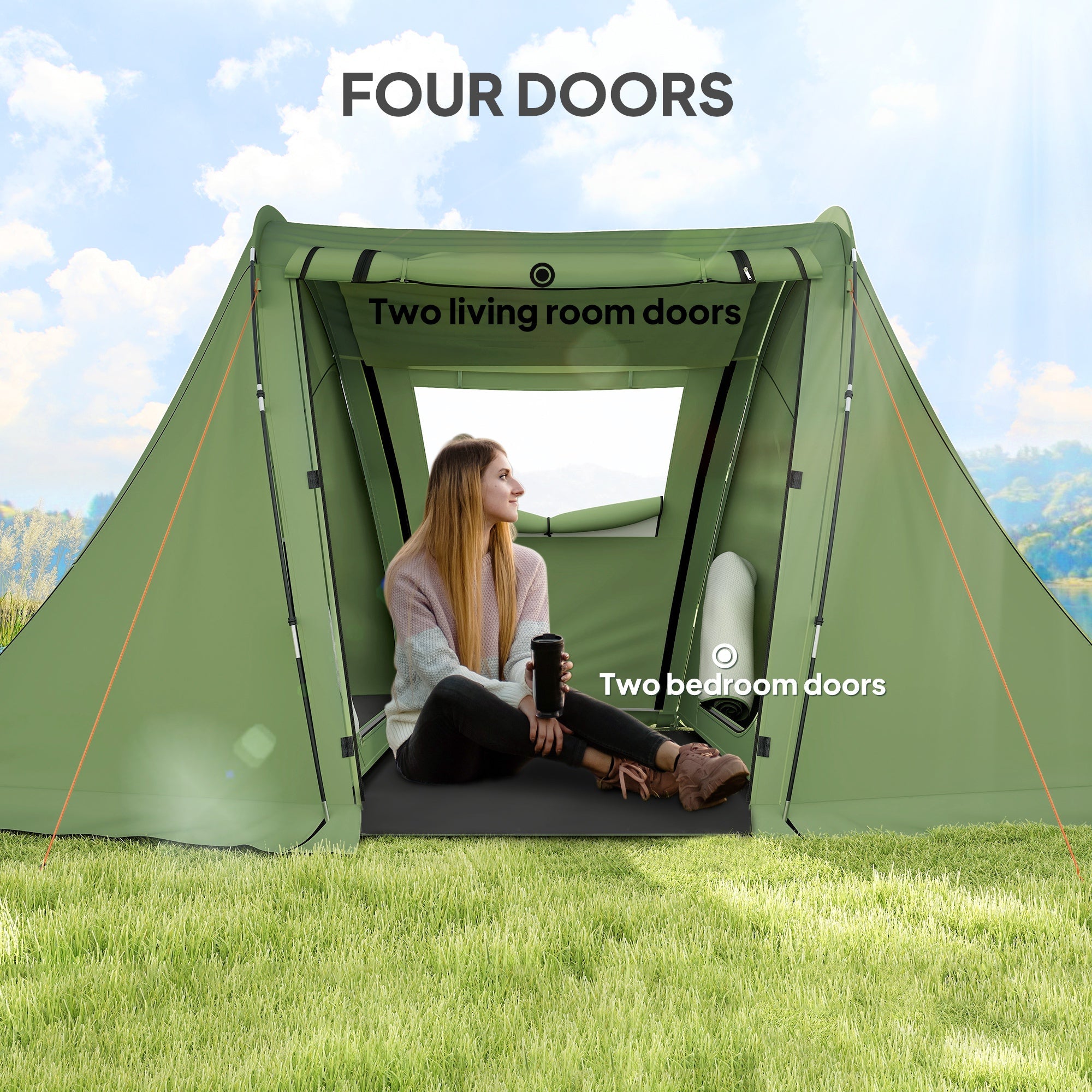 Outsunny 3 Man Camping Tent with Living Area and 2 Bedrooms, 3000mm Waterproof Family Tent with Sewn-in Groundsheet, Portable with Bag for Hiking, Festival, Backpacking, Green 