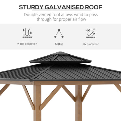 Outsunny 3.5 x 3.5m Outdoor Hardtop Gazebo Canopy with Two-tier Metal Roof and Solid Wood Frame Outdoor Patio Shelter for Patio, Garden, Grey 