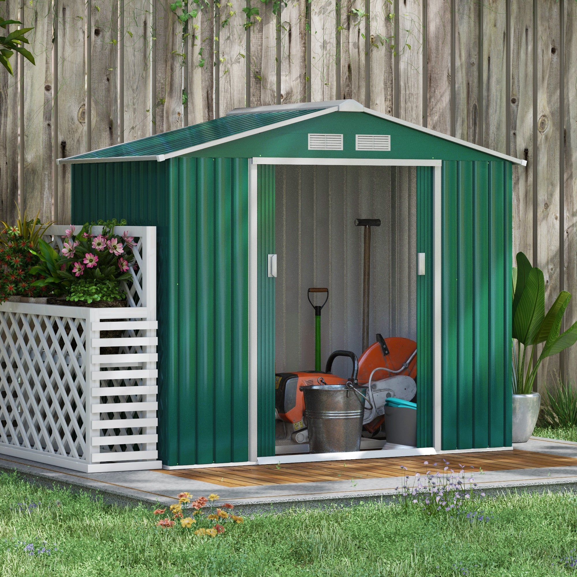 Outsunny 7 x 4ft Metal Garden Shed, Outdoor Storage Tool House with Ventilation Slots, Foundation Kit and Lockable Double Doors, Green 
