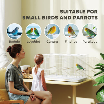 PawHut Bird Cage with Divider, 4 Wooden Perches, Slide Out Tray, 4 Feeders, for Budgie, Lovebird, Canary, 76 x 46 x 46cm, White 
