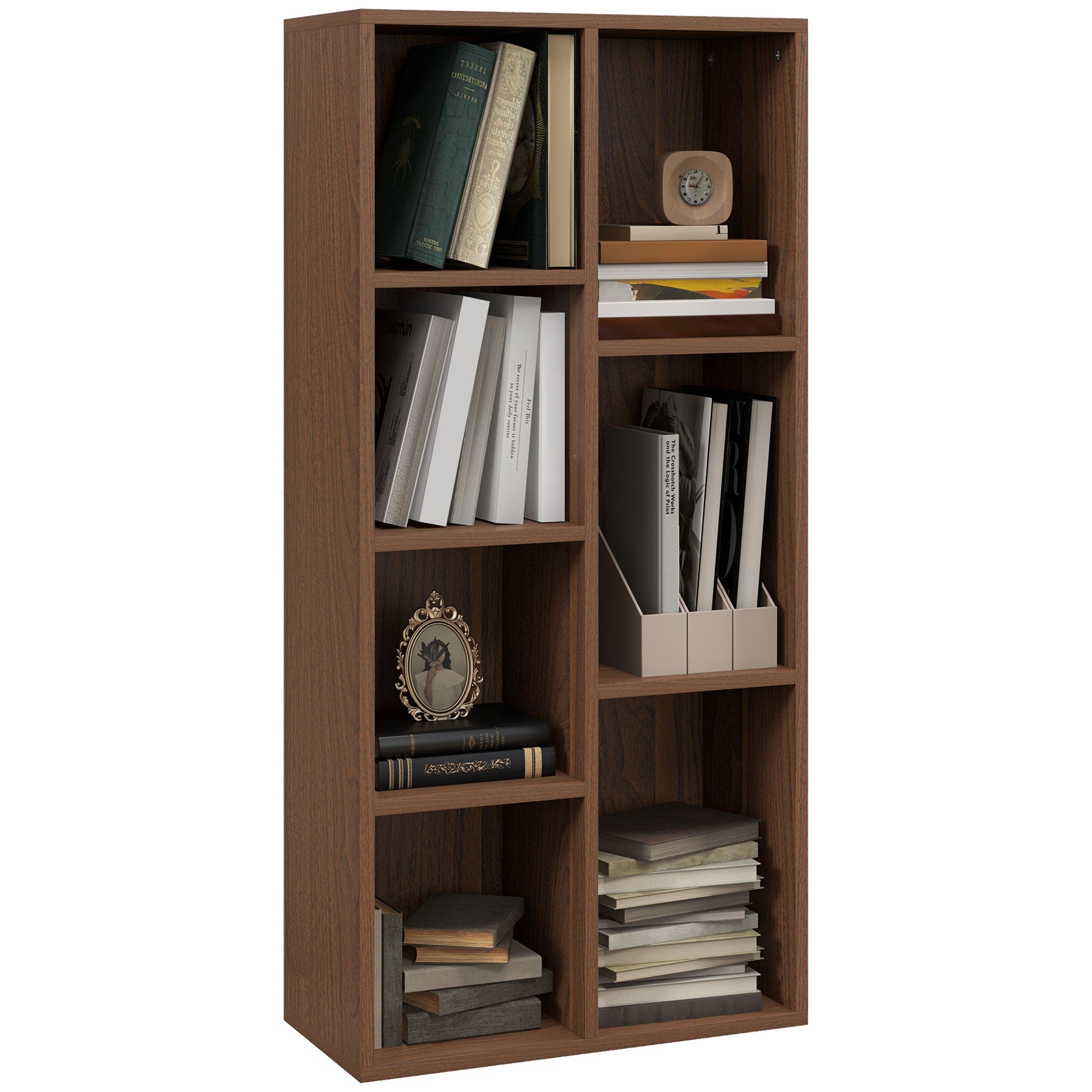 HOMCOM Seven-Cube Bookcase - Walnut Wood Effect 