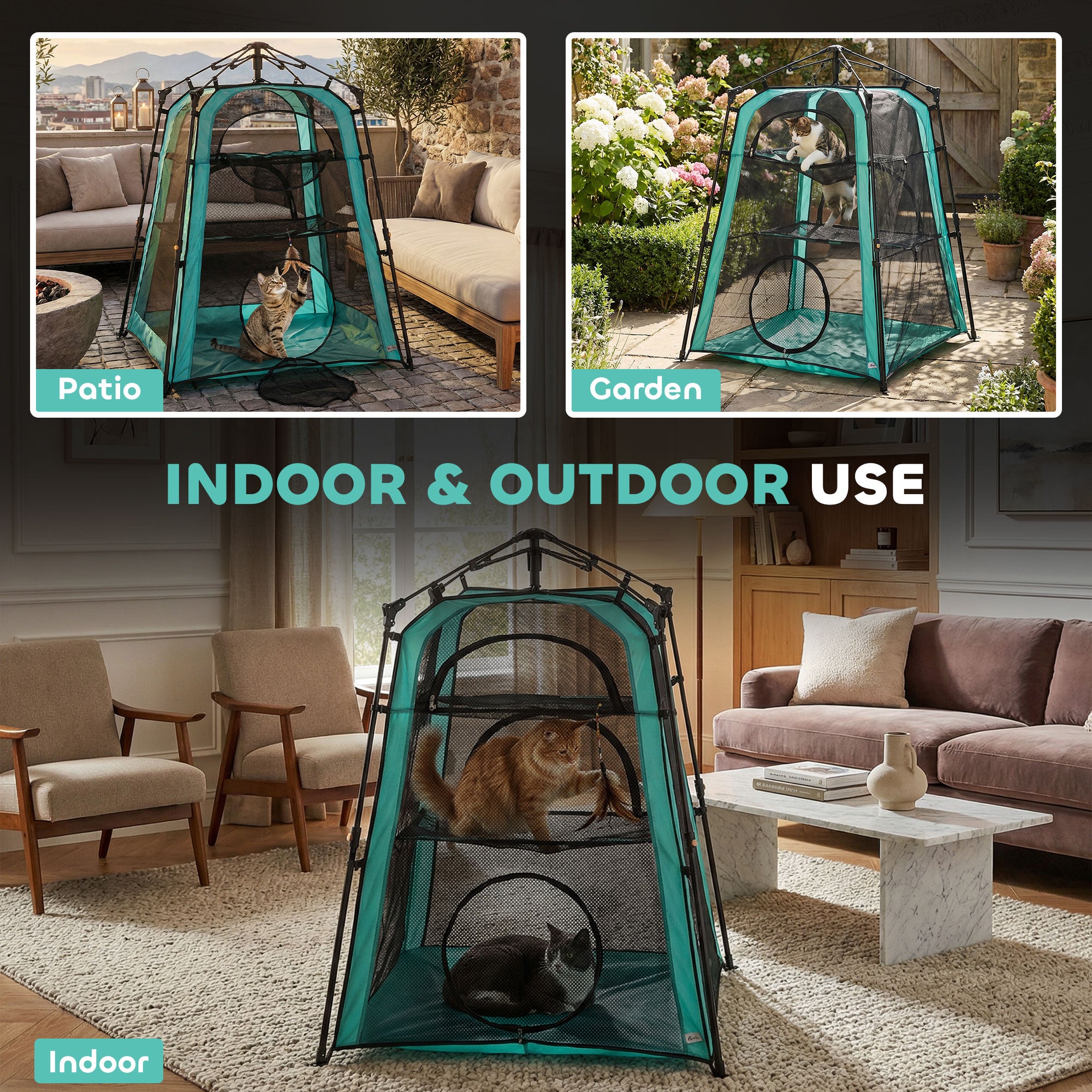 PawHut Cat Tent, 3-Tier Portable Pet Tent for Indoor Outdoor, Cat House with Multi-Door, Carry Bag, Breathable Mesh 