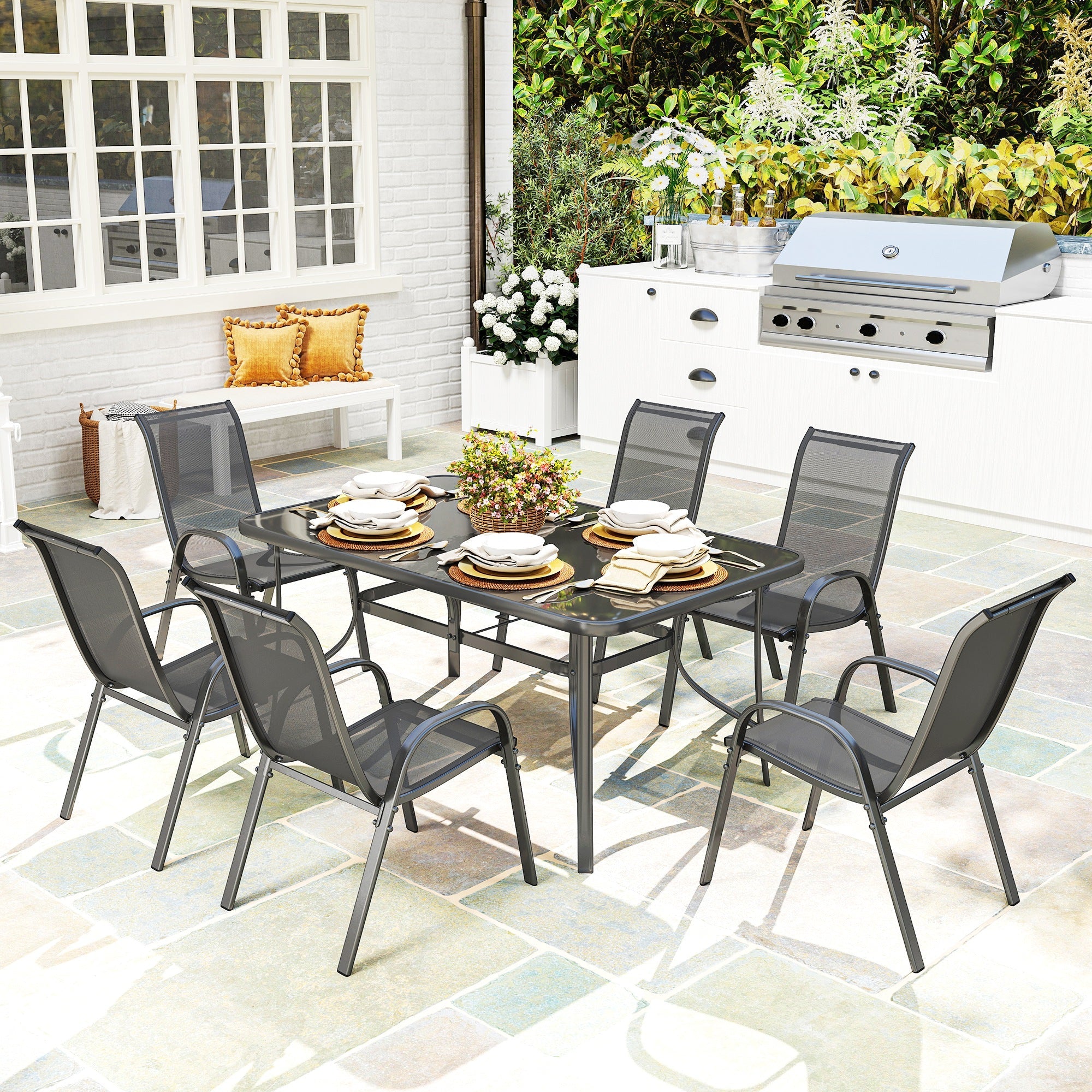 Outsunny Seven-Piece Outdoor Dining Set - Charcoal Grey 