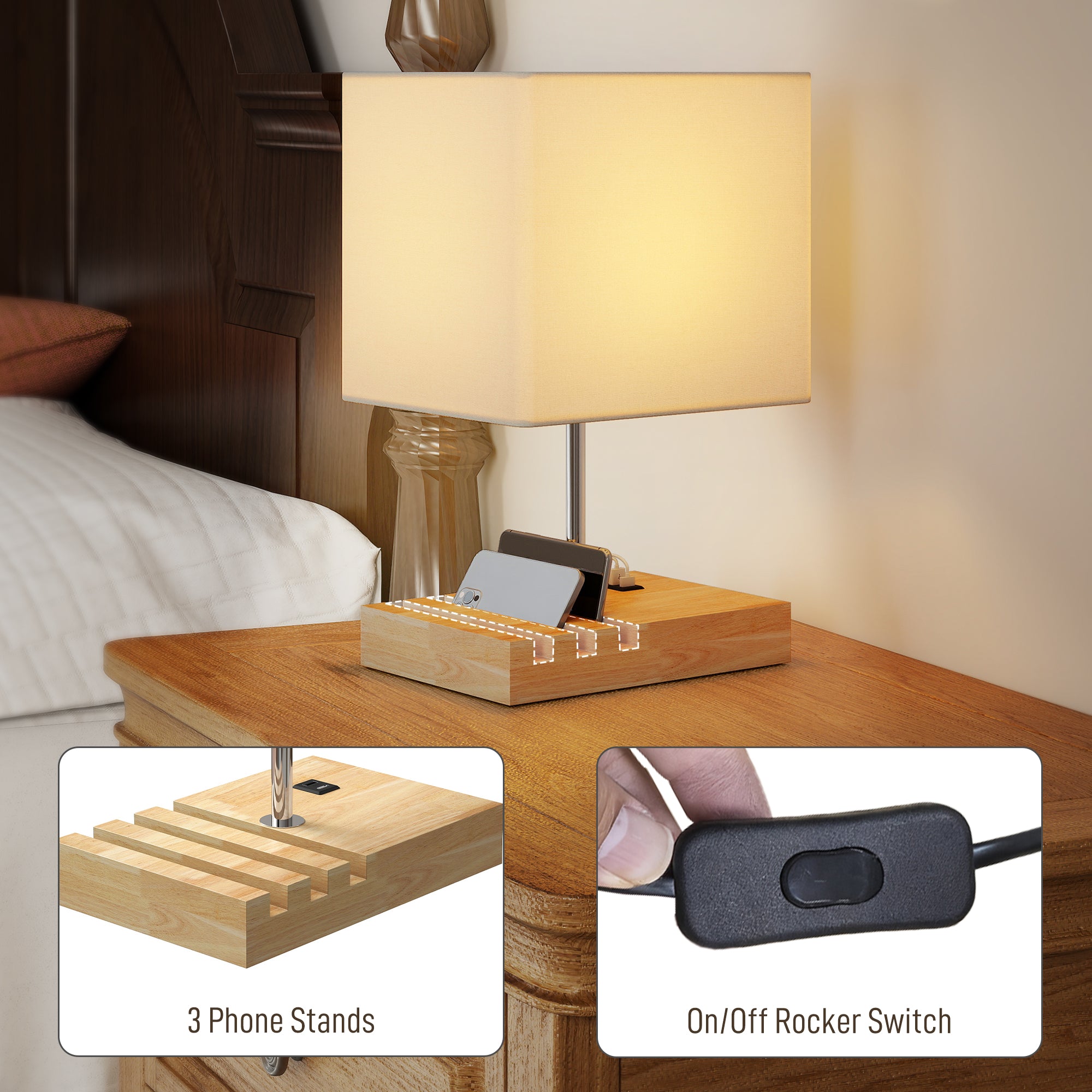 HOMCOM Bedside Lamp with USB A+C Charging Ports and 3 Phone Stands, Modern Table Lamp with Solid Wood Base and Fabric Shade for Bedroom Living Room Office, E27 Socket, Bulb Not Included, White 