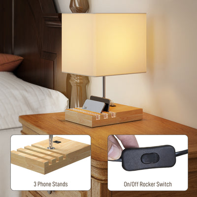 HOMCOM Bedside Lamp with USB A+C Charging Ports and 3 Phone Stands, Modern Table Lamp with Solid Wood Base and Fabric Shade for Bedroom Living Room Office, E27 Socket, Bulb Not Included, White 