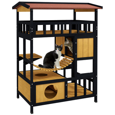 PawHut Outdoor Cat Shelter, Four-Tier Wooden Feral Cat House, with Suspension Bridge, Cat Houses, Balcony, Escape Doors 