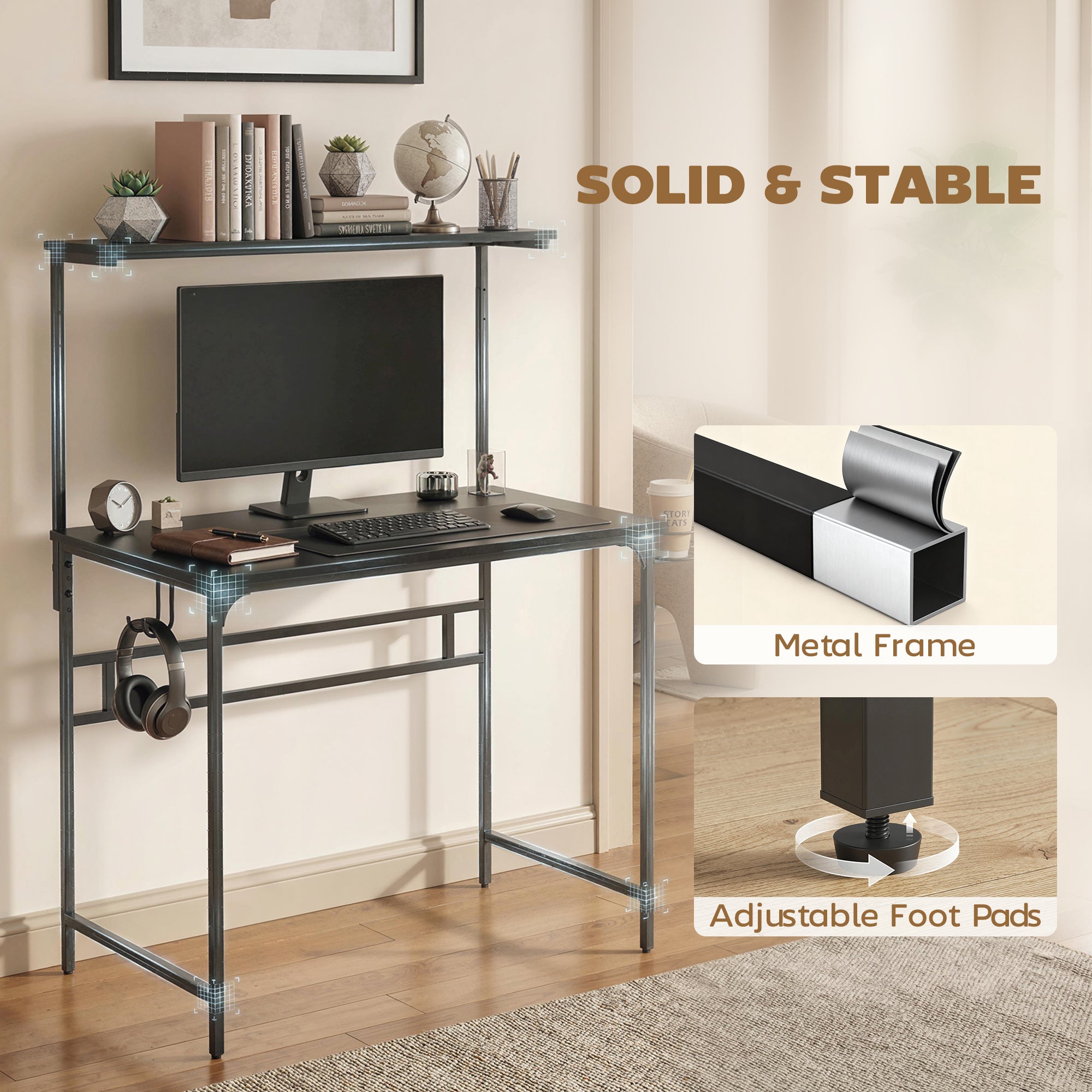 HOMCOM Computer Desk, 80cm Home Office Study Table with Hutch Shelf, Cup Holder, Headphone Hook, Black 