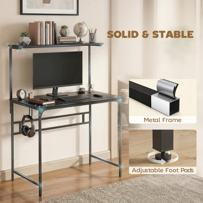 HOMCOM Computer Desk, 80cm Home Office Study Table with Hutch Shelf, Cup Holder, Headphone Hook, Black 
