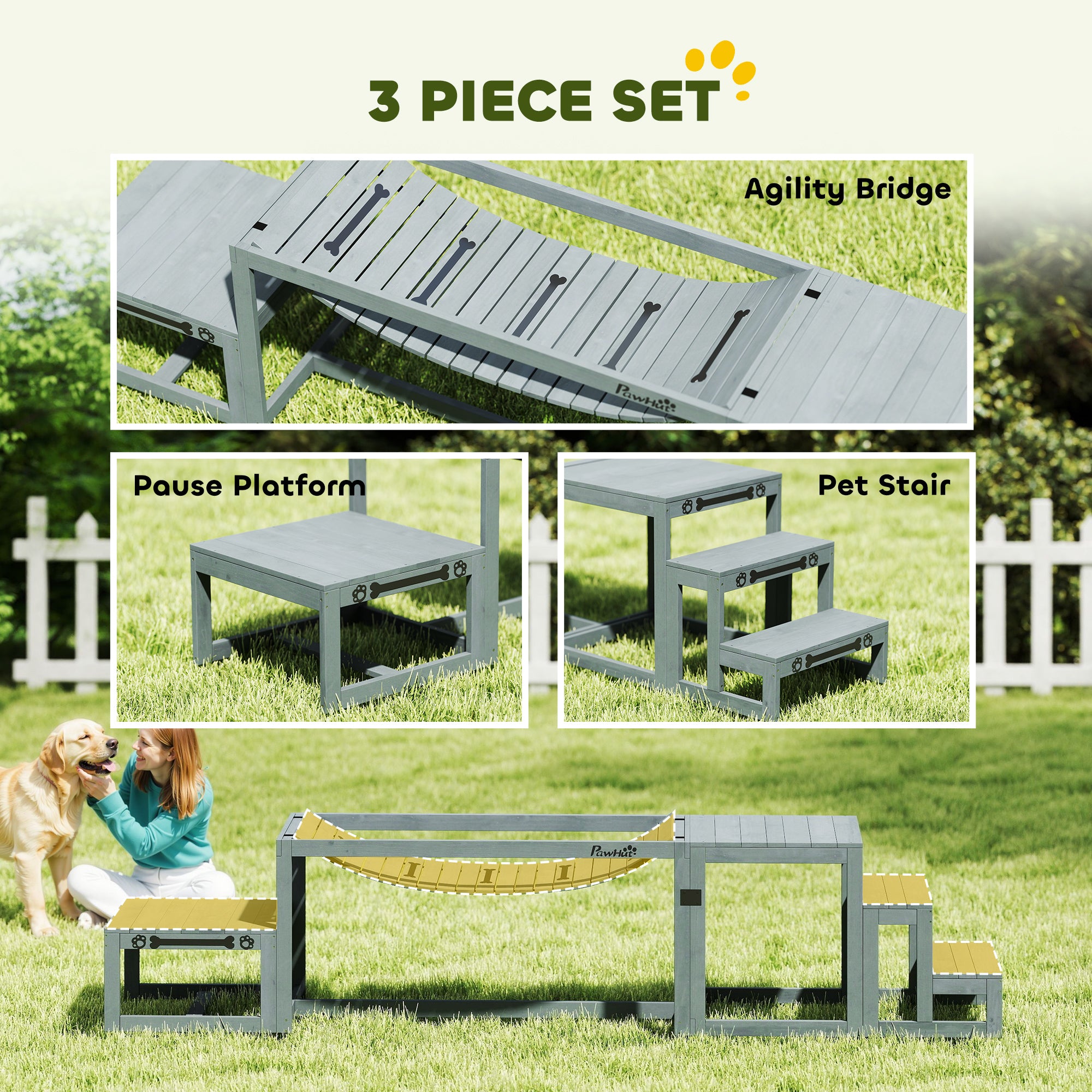 PawHut 3 Pieces Wooden Dog Agility Training Equipment with Soft Bridge, Pause Platform and Pet Stair for Outdoor, Grey 