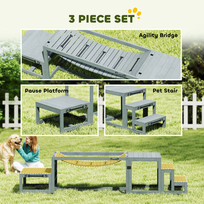 PawHut 3 Pieces Wooden Dog Agility Training Equipment with Soft Bridge, Pause Platform and Pet Stair for Outdoor, Grey 